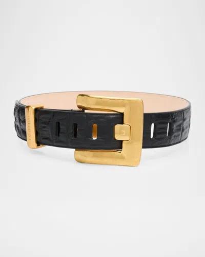 Balmain Anthem Croc-print Embossed Leather Belt In Black