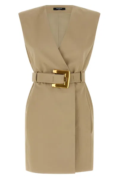 Balmain Wrap Cotton Gabardine Dress Belt Detail In Neutral