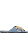 Balmain Anthem Cotton Denim Flat Sandals In Blue