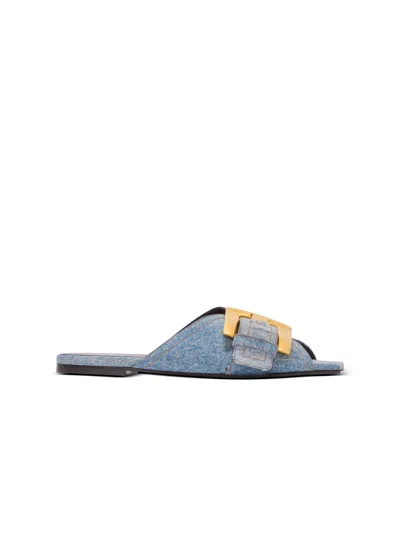 Balmain Anthem Flat Denim Sandals In Blue