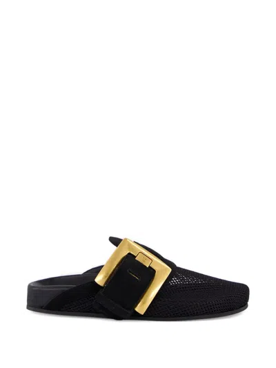 Balmain Oversized Buckle Suede Mules In Black