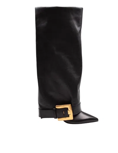 Balmain Knee-high Stiletto Boots Buckle Detail In Black