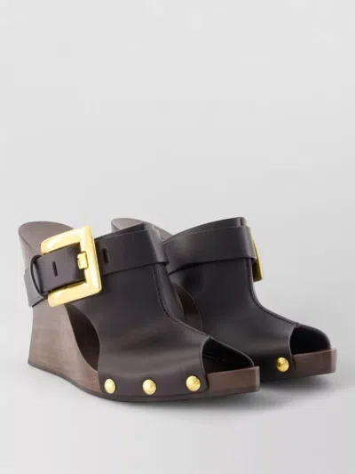 Balmain Anthem Leather Mules Large Buckle Wedge In Brown