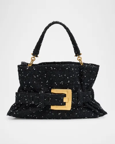 Balmain Anthem Medium Buckle Shoulder Bag In Tweed In Black
