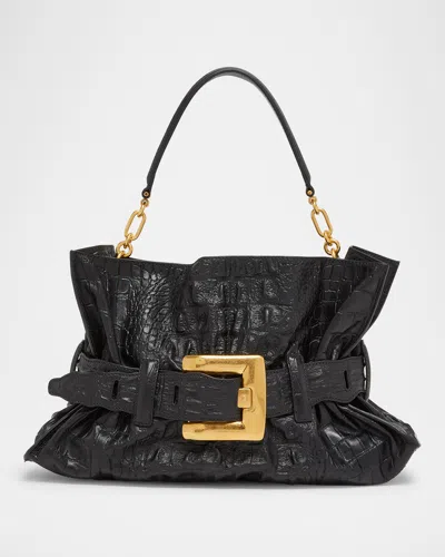 Balmain Anthem Medium Shoulder Bag In Croc-embossed Leather In Black