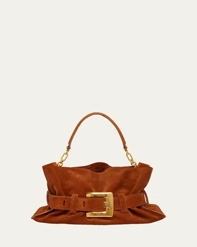Balmain Anthem Medium Shoulder Bag In Suede In Brown