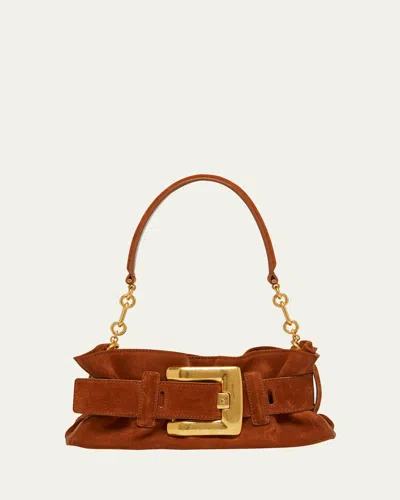 Balmain Anthem Mini Buckle Shoulder Bag In Suede In Brown