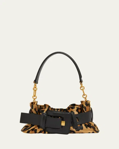 Balmain Anthem Mini Leopard Shoulder Bag In Calf Hair In Marron Noir
