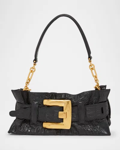 Balmain Anthem Mini Shoulder Bag In Croc-embossed Leather In Black