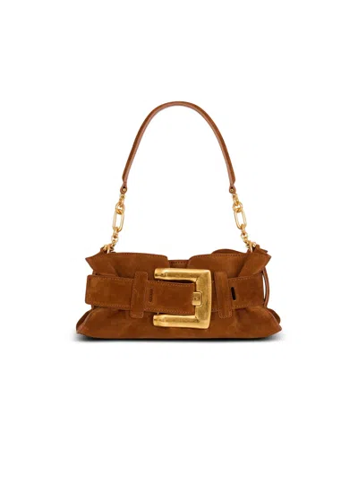 Balmain Anthem Mini Suede Leather Bag In Brown