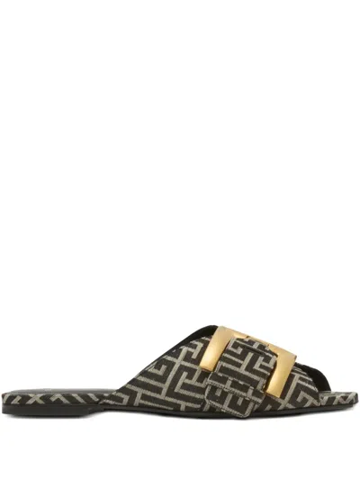 Balmain Flat Sandal Anthem Monogram Jacquard Buckle In Black