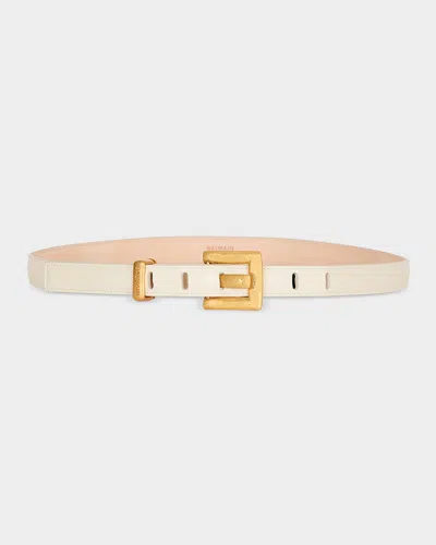 Balmain Anthem Narrow Leather Belt In Neutral