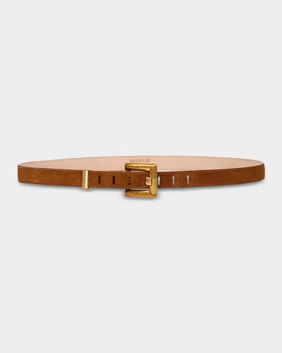 Balmain Anthem Narrow Suede Leather Belt In Brown