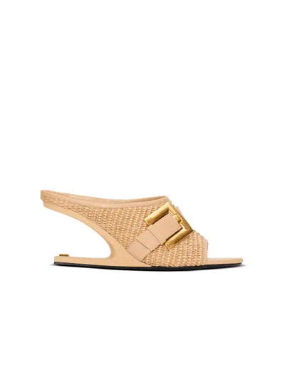 Balmain Anthem No Wedge Mules In Smooth Leather And Raffia In Brown