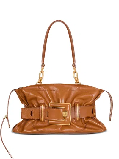 Balmain Brown Calf Leather Bos Taurus Handbag In Burgundy
