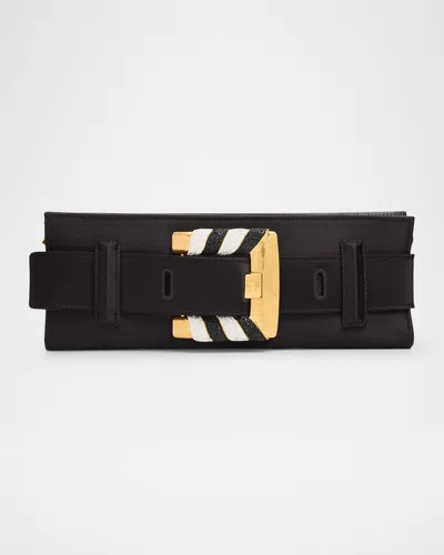 Balmain Anthem Slim Belted Satin Clutch Bag In Black