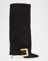 Balmain Anthem Suede Buckle Knee-high Boots In Black