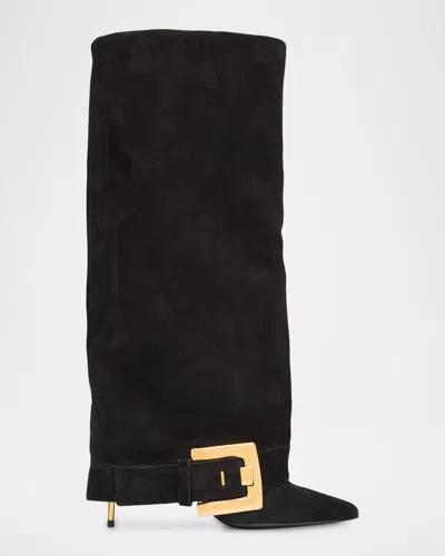 Balmain Anthem Suede Buckle Knee-high Boots In Black