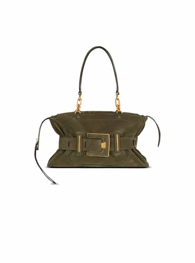 Balmain Anthem Suede Leather Bag In Green