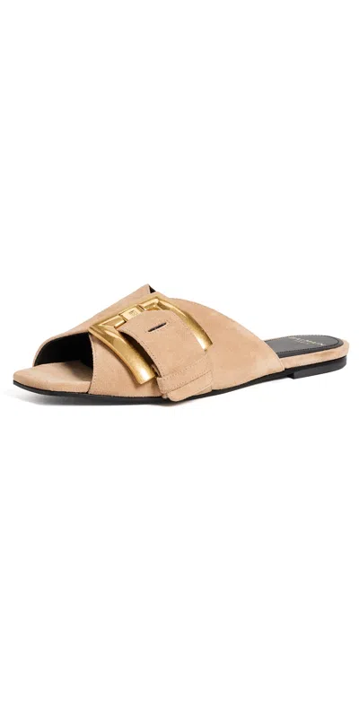 Balmain Anthem Suede Leather Flat Sandals Biscuit