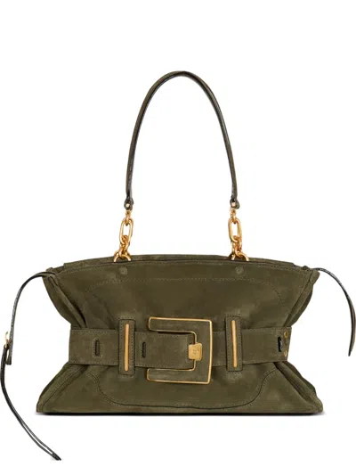 Balmain Anthem Suede Shoulder Bag In Green