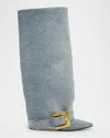 Balmain Anthem Washed Denim Buckle Knee-high Boots In Blue