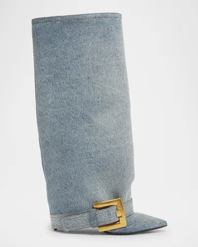 Balmain Anthem Washed Denim Buckle Knee-high Boots