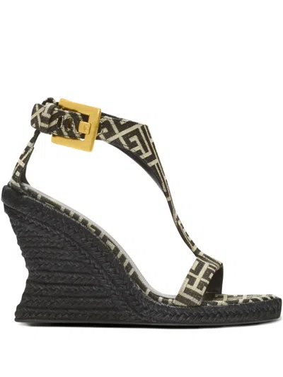 Balmain Anthem Wedge Espadrilles In Monogram Jacquard In Black