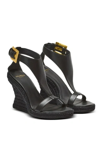 Balmain Anthem Wedge Lambskin Espadrilles In Black