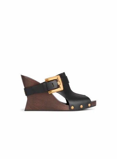 Balmain Anthem Wedge Smooth Leather Mules In Black