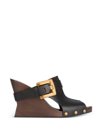 Balmain Anthem Wedge Smooth Leather Mules In Black