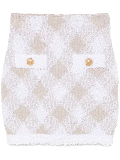 Balmain Vichy Check Tweed Mini Skirt In White Multi