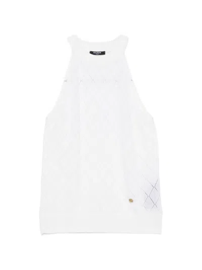 Balmain Argyle-knit Wool Tank Top In White