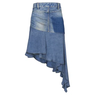 Balmain Asymetric Denim Ruffled Short Skirt In Blue