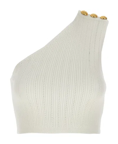 Balmain Asymmetric Buttoned Knit Top In White