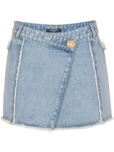 Balmain 4 Pockets Asymmetric Raw Edge Denim Skirt In Blue