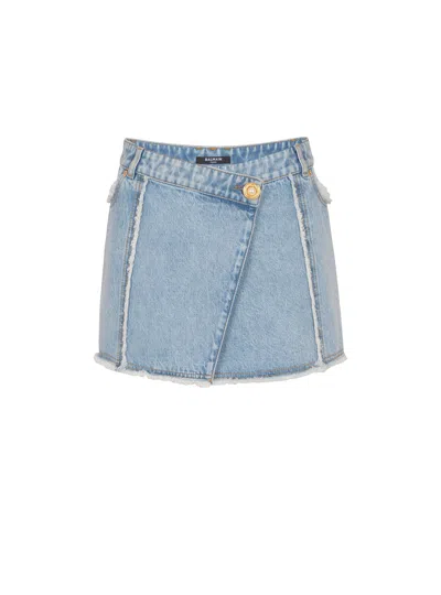 Balmain Asymmetric Denim Skirt In Blue