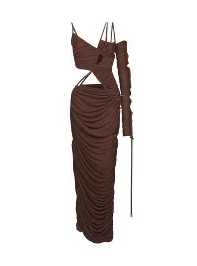 Balmain Asymmetric Draped Jersey Maxi Dress In Brown