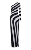 Balmain One-shoulder Striped Knit Gown With Slit In Black,white