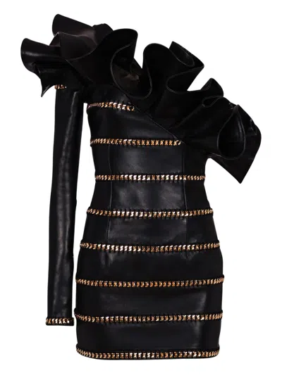 Balmain Asymmetric Leather Mini Dress In Black