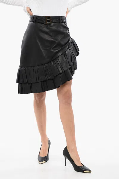 Balmain Asymmetric Leather Miniskirt With Logoed Belt In Black