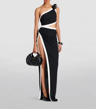 Balmain Asymmetric Rose-detail Maxi Dress In Black