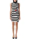 Balmain Asymmetric Stripes Mini Dress In Black/white/rouge