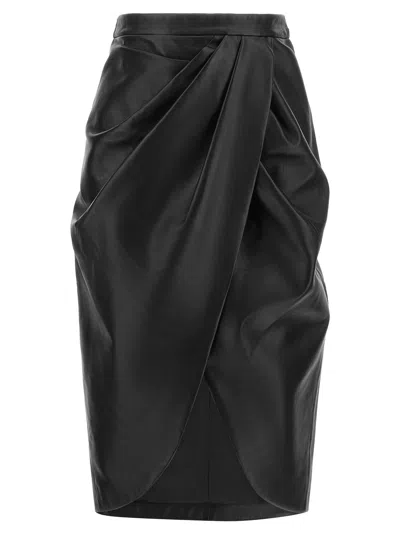 Balmain Asymmetrical Drape Leather Skirt In Black