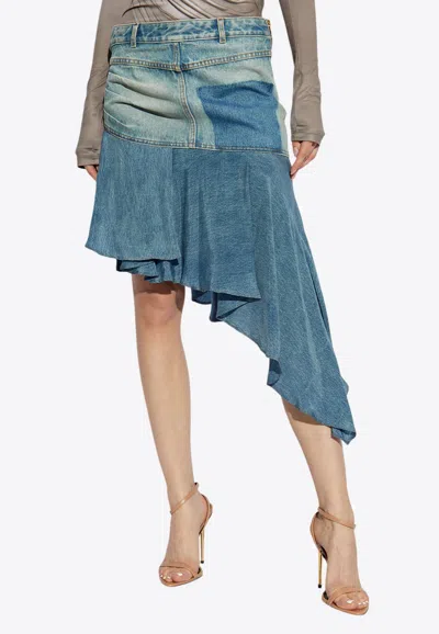 Balmain Asymmetrical Midi Denim Skirt In Blue