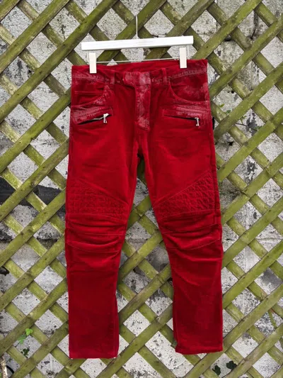 Pre-owned Balmain Aw12  Runway Decarnin Wax Velour Biker Jeans In Red
