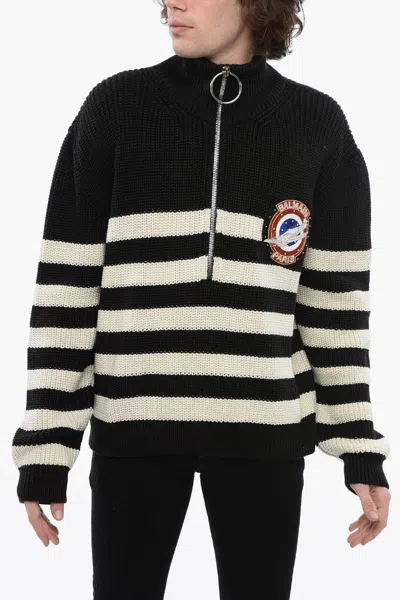 Balmain Awning Striped Mock Neck Sweater With Emblem Patch In Multi