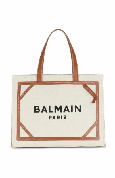 Balmain B-army 42 Canvas Tote Bag With Leather Details In White