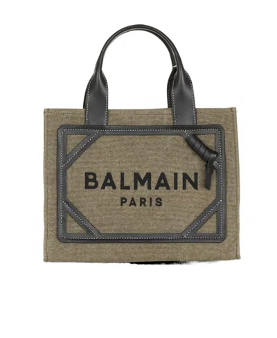 Balmain B-army Small Canvas Shopping Bag With Leather Inserts In Green