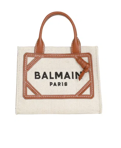 Balmain B-army Mini Canvas Shopping Bag With Leather Inserts In White